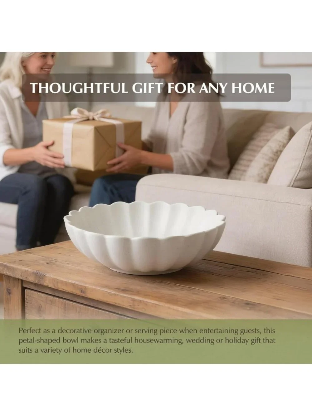 Large 10.5” White Ceramic Ruffle Scalloped Bowl - Versatile Decorative